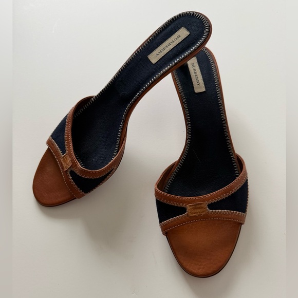 Burberry Navy and Brown Leather-Trim Slide Mules - Picture 2 of 6